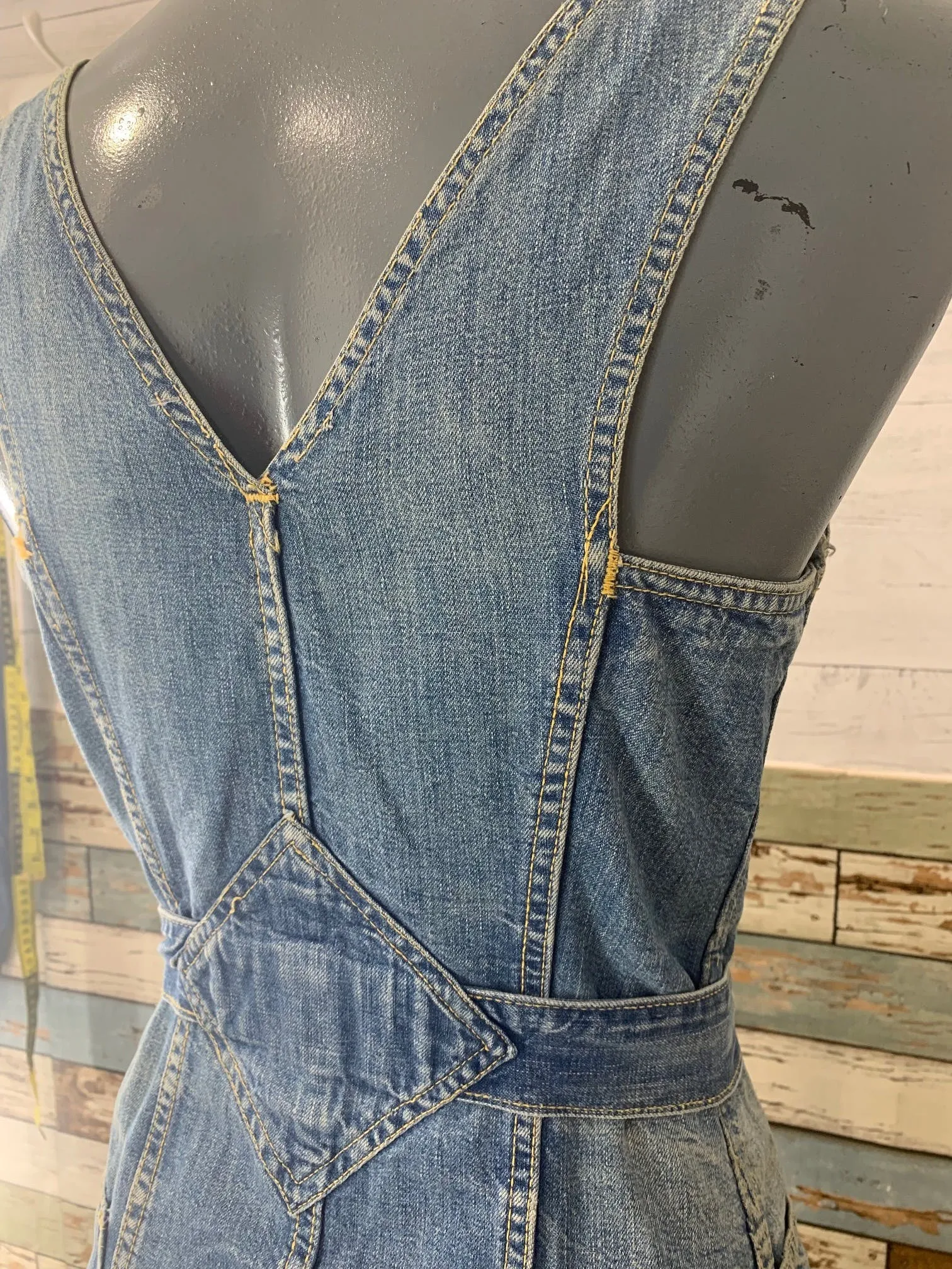 00's Denim Button Up Tie Waist Dress Overalls by Lee