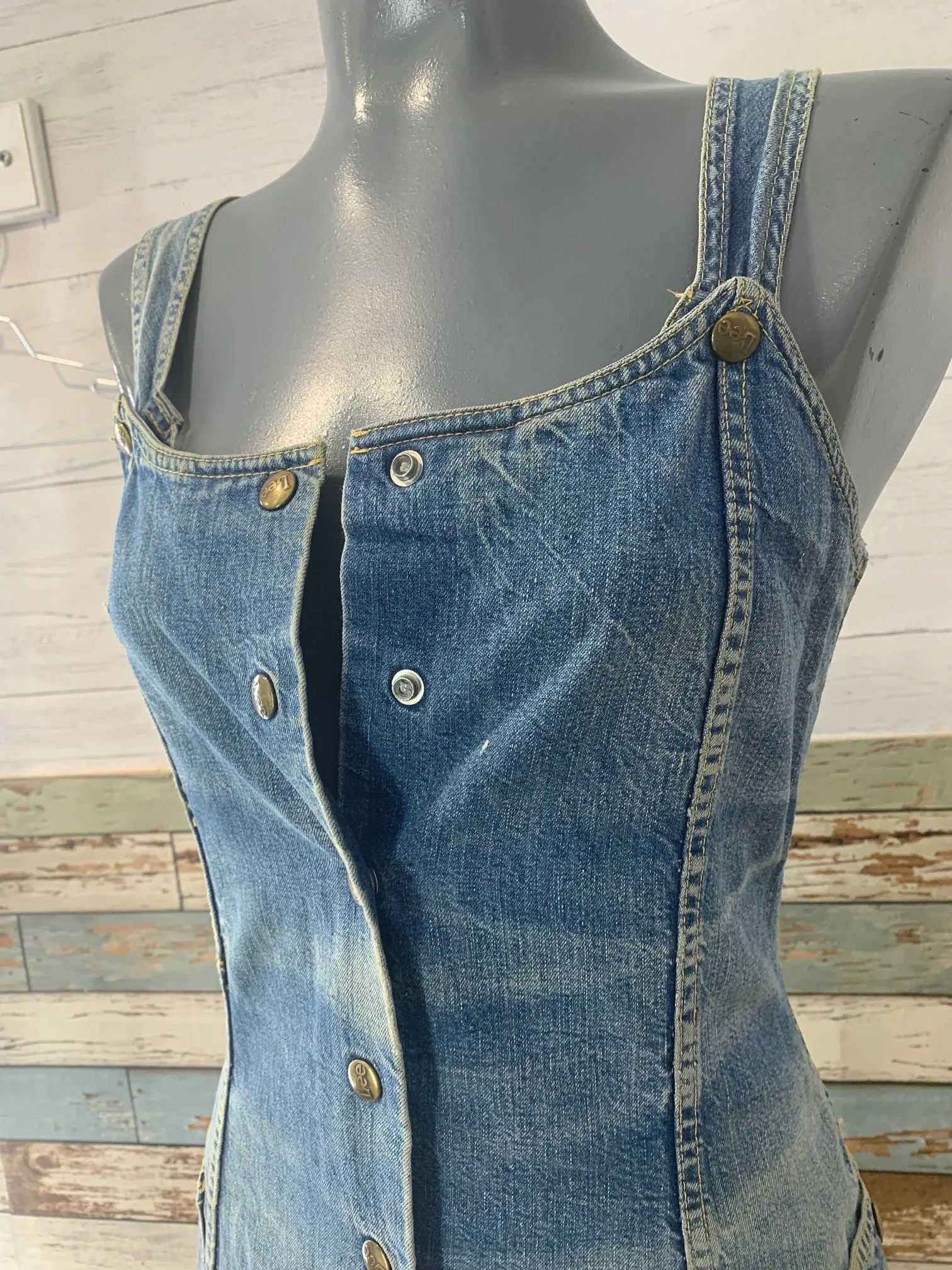 00's Denim Button Up Tie Waist Dress Overalls by Lee