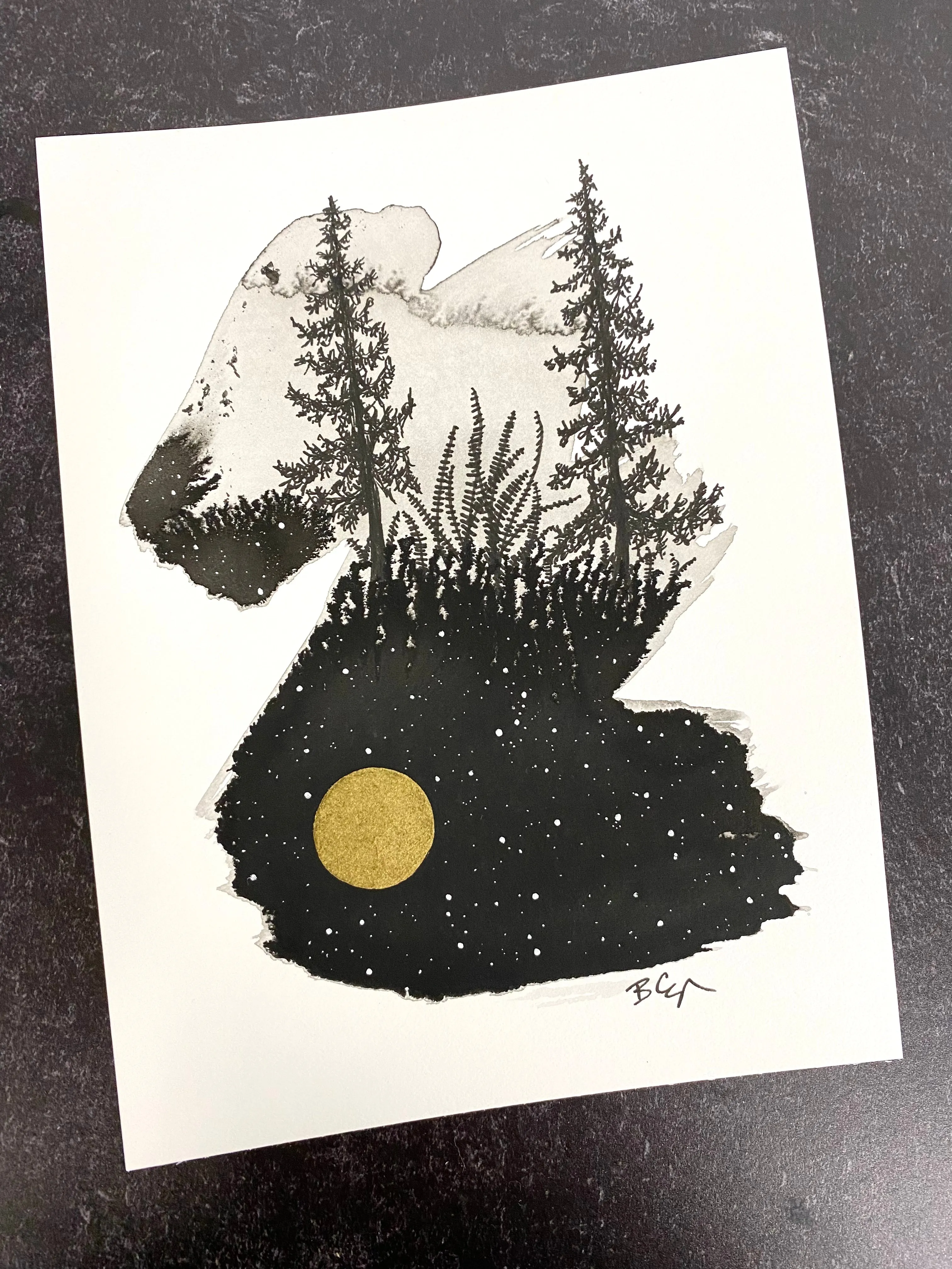 Beauty in the Upside Down 62 - Tree Pair and Fern - Original Drawing - 6”x8”