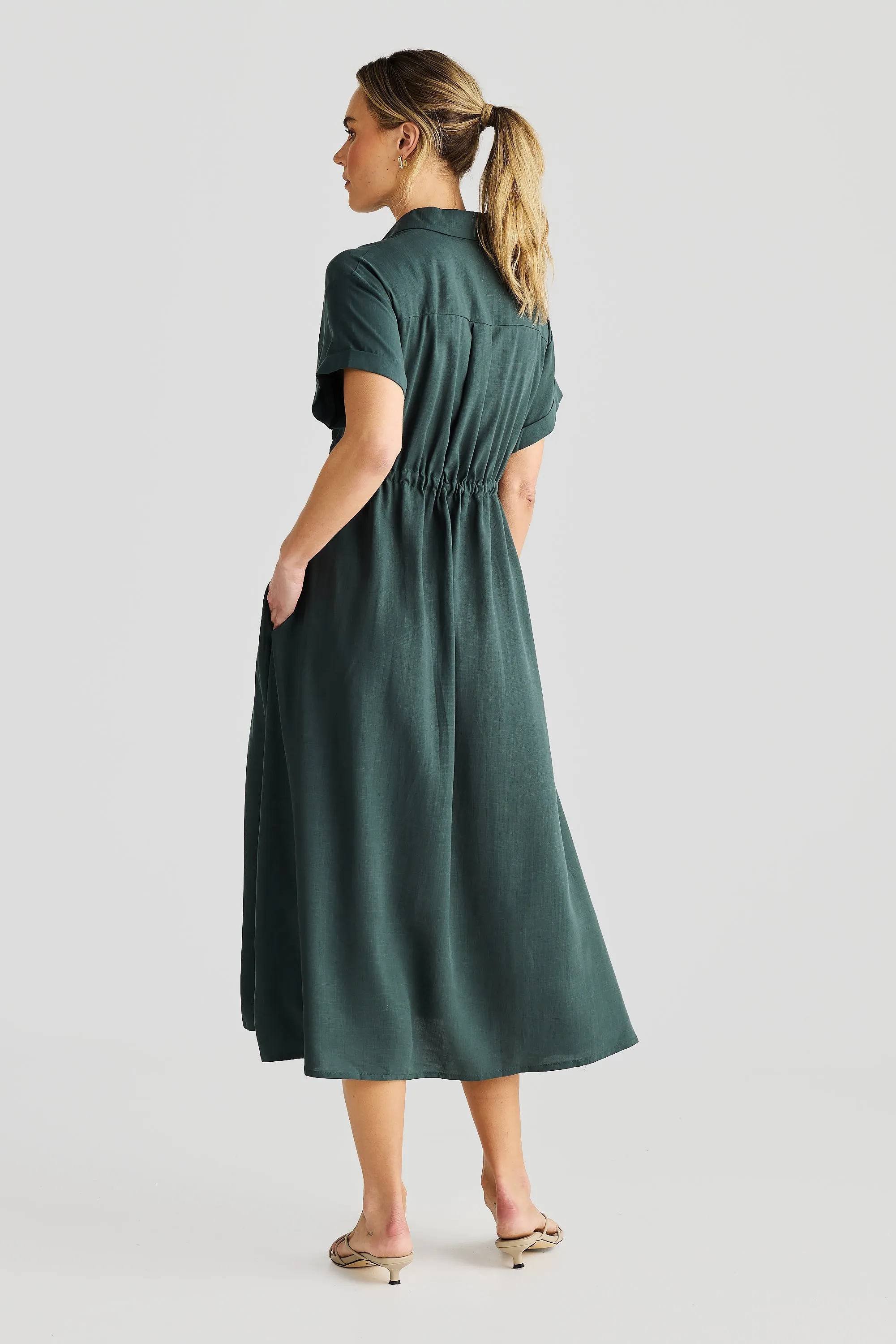 Core Drawstring Shirt Dress - Pine Green