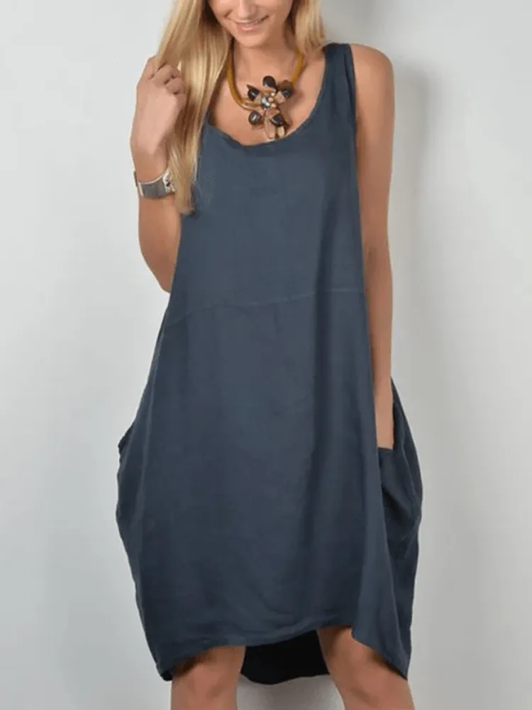 deanwangkt Women Solid Color Scoop Neck Big Pocket Sleeveless Casual Dresses