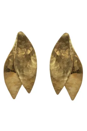 Hammered Brass Gold Leaf Pendant Clip Earrings